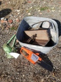 Limb and trim, bottle jack, galvanized tub, drill, miter box, jig saw