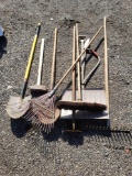 Broom, rake, sledge, shovels, saw
