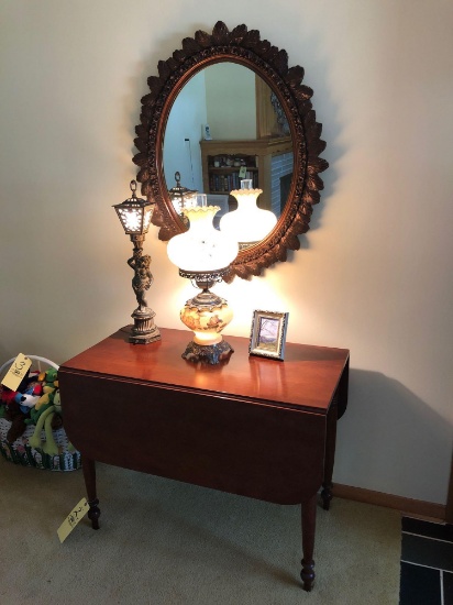 Cherry Drop-leaf Table, Banquet Lamp, Mirror