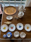 Bronze platter - glassware - hand painted plates -