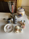 Beatrix potter cups and figurines - stoneware pieces - candle