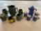 Green pottery barrel shaped pitcher w/ four mugs, Schmid Design Folio blue pitcher w/ four mugs