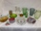 (15) Pcs. Glassware incl. bread platter, enamel decorated pink bowl, pitchers, vases, etc.