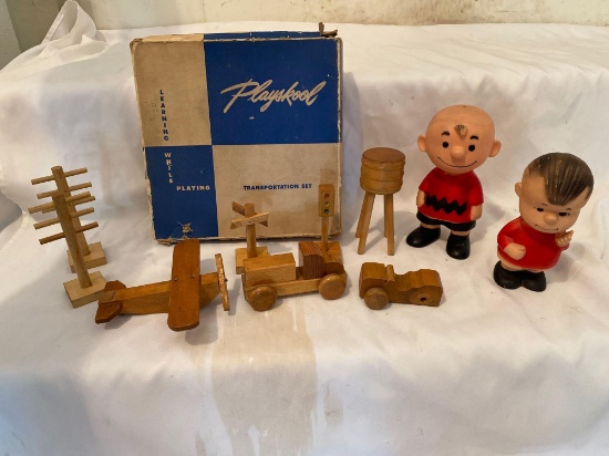 Playskool wooden transportation set, Charlie Brown dolls.
