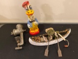 Plaster carnival Donald Duck, Clearcut 300 food grinder, wooden canoe w/ frog.
