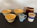(3) Watt yellow are bowls (roughness on rim, hairline cracks), crown impressed mark pitcher