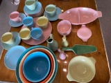 Partial set unmarked pastel colored dishes, Early California Vernon Kilns set 4 bowls (chip on 1).