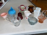 Blown glass ruffled rim vase (chip), wheelcut red bell, pink basket, milk glass chick cup, etc.