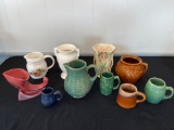 Roseville #722 vase (chip), McCoy brown bean pot, McCoy tall vase (chip), green pitcher