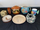 Ramsburg floral pitcher, Italy fish mug, animal scene candle, other pottery pcs.