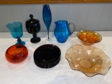 (9) Red glass plates, blown glass pitcher, 14