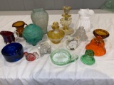 (16) Pcs. Glass incl. yellow & clear bottle (chip on rim), Cambridge candle holder
