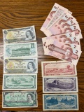 Canada currency: Dollars (1954, 1967, three 1973), Two Dollar (1954, ten 1986), 1954 $5, & 1954 $10.