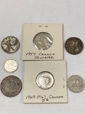 Canadian coins: (3) Quarters, 1919 Cent, 1953 Dime, 1947 & 1967 nickels