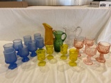 (3) Glass pitchers, variety of (16) stemmed glass mugs