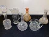 Unsigned cut glass decanter, unsigned Waterford style pitcher, carnival glass decanter, etc.