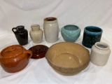 (9) Pcs. Pottery. Chip on dark brown stoneware pitcher.