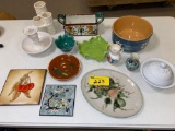(2) Ceramic trivets, Shaw ironstone bowl w/ lid, Johannesburg Abraham California green bowl, etc.