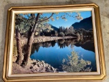 Framed photo of lake, 34 x 27.5 frame.