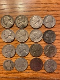 1902 Dime, two worn date Buffalo nickels, (13) 1940s-'50s Jefferson nickels.