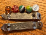 (2) Sunshine Beer can/bottle openers, (5) marbles.