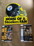 Pittsburgh Steelers sign, (2) cereal boxes.