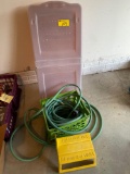 Garden hose, step up, under bed storage bin w/ wheels.