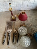 BBQ grill utensils, (2) swag lamps, bent candle lamp.
