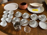 Set of (7) coffee cups w/ saucers, stainless coffee pourer, etc.