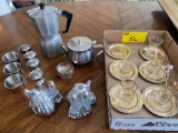 (2) Teapots, stainless serving pcs., salts & peppers w/ leaf & squash decor holders, etc.