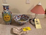 Chinese made bowl & vase, stone polished ashtray, lamp.