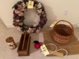 Wreath, Charles Bratcher made oak nut cracker, metal canister w/ Arabian, basket