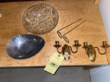 Metal bowl, pair brass candle sconces, glass bowl, (2) ground stick wine glass holders.
