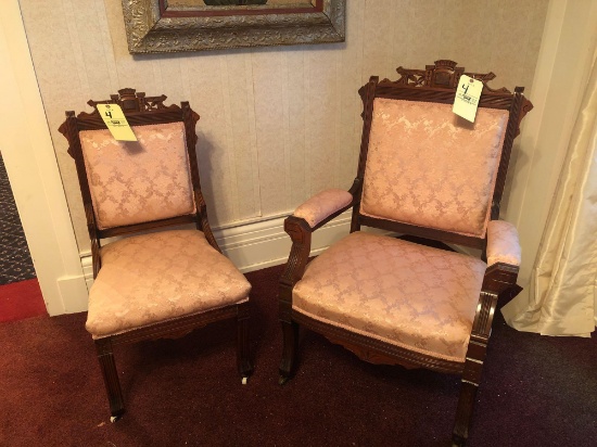 (2) pink Victorian chairs w/ casters