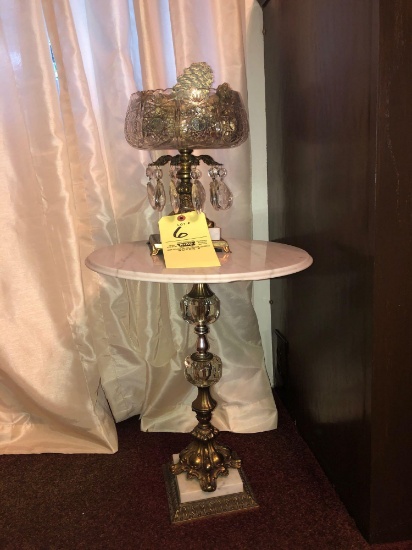 Marble-top side table, glass candy dish