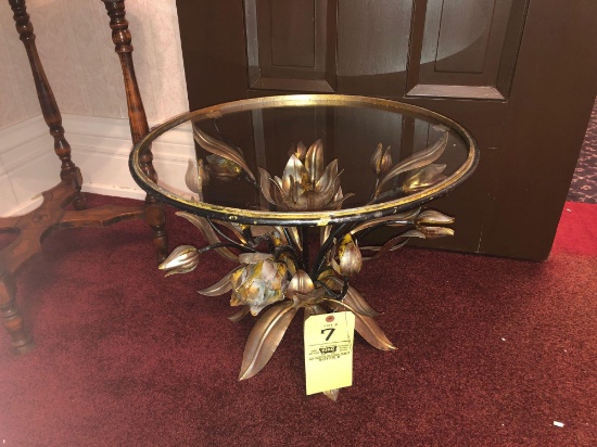 Glass-top side table w/ metal flower base