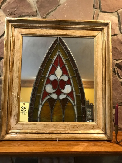 Leaded glass in frame, mirrored back