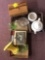 Two jewelry boxes, green depression baskets, pitchers, teapot, etc.
