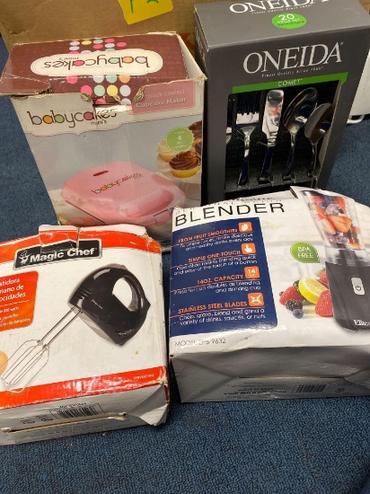Oneida flatware new in box, magic chef hand mixer, cupcake maker, mini blender