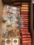 Mint sets, penny rolls, quarter rolls, loose coins