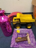 Easy bake oven, large pink vase, Tonka metal truck, glass platter, old astronaut figure, compass set
