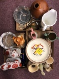 3 flats glassware, pottery, howdy doody plate, Roseville