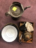 Enamelware colander, teapots, scissors, etc