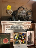 Costume jewelry, marbles, pocket knives, misc