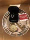 Sterling necklace, 2008 Kennedy half dollars satin finish, gold filled pocket watch, metal tray