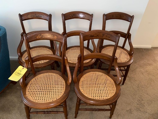 Set of 5 walnut cane seat hip hugger chairs - nice