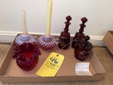 Cranberry glass - hobnail candle holder - cranberry bureau set