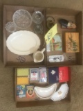 Glassware, playing cards, magnifying glass