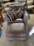 Leather chair and ottoman, pillows