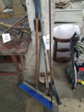 Broom, garden hose reel, yard tools